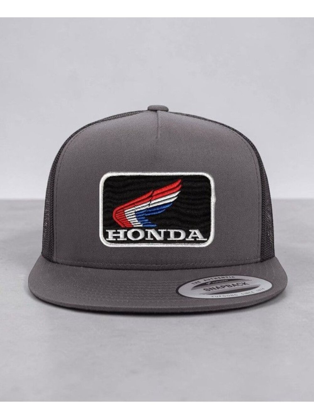 Honda Wing Patch on YP Flat Bill Trucker Hat Mesh Back Snapback charcoal/black